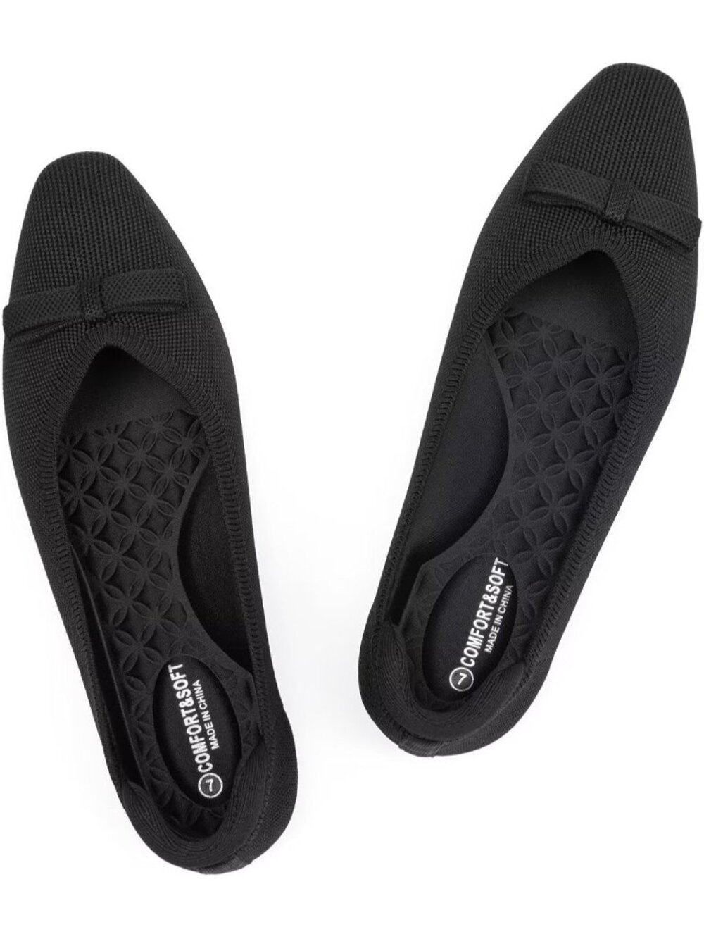 Women's All Black Ballet Flats Squared Toe Knit With Bow Knot Casual Slip On